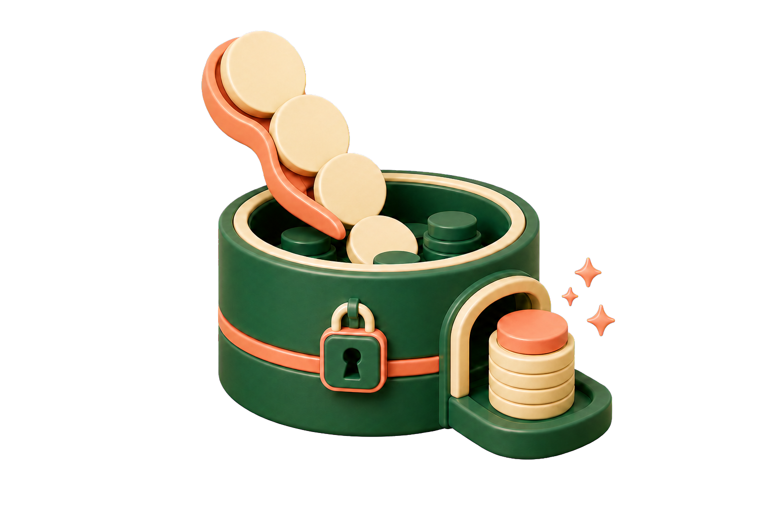 A wallet with coins and a locked bag.